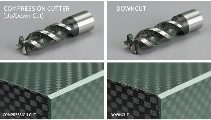 CNC routing cutters for clean composite edges compression cutter vs downcut tool results