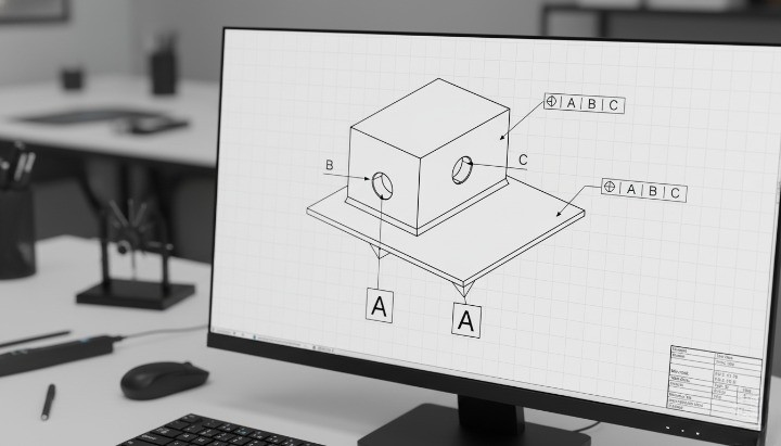 GD&T datum strategy for energy CNC machining showing A-B-C datums and true position control for ports and bolt patterns