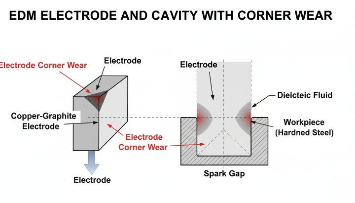 EDM electrode corner wear and overburn effect on cavity accuracy
