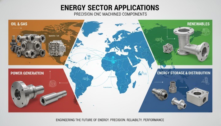 Energy CNC machining applications across oil and gas, renewable energy, power generation, hydrogen, and energy storage parts
