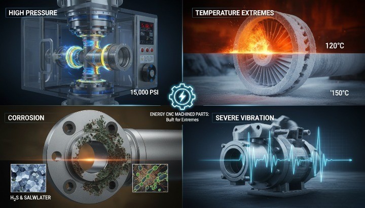 Energy industry operating conditions for CNC machined parts including pressure, temperature, corrosion and vibration exposure