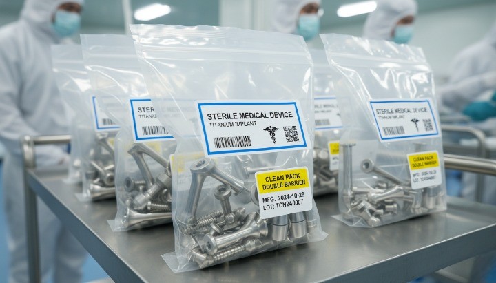 páirteanna meaisínithe tíotáiniam grád leighis pacáistiú glan le lipéid inrianaithe agus dlúth-shuíomh de chomhpháirteanna ionstraime