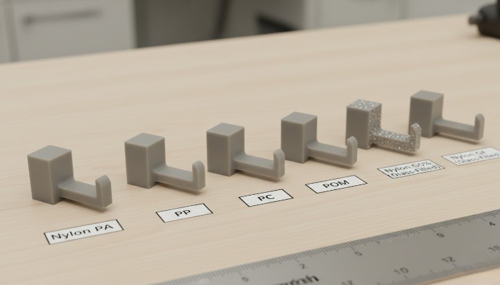 snap fit materials comparison Nylon PP POM ABS PC glass filled Nylon samples