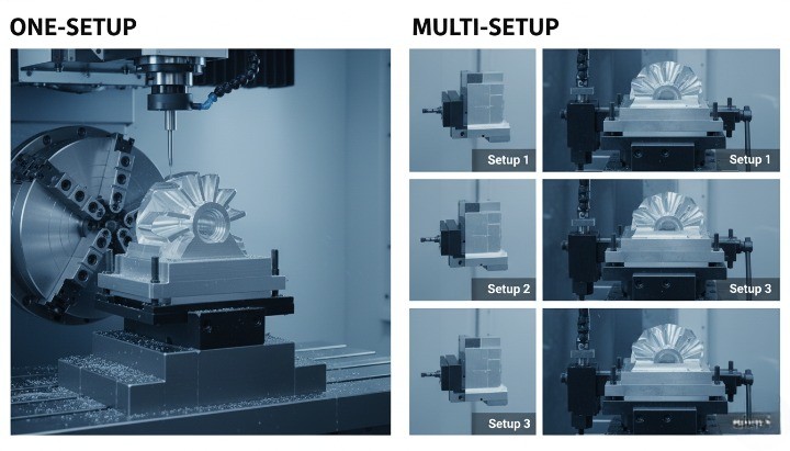 Reducing setups in energy CNC machining comparing single setup datum control versus multiple re-clamps for CTQ stability
