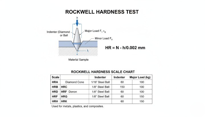 Rockwell C hardness scale HRC for hardened steel machining 45–65 HRC