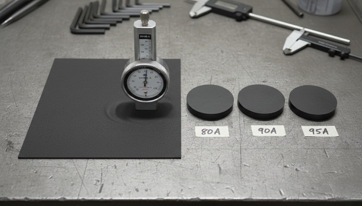Shore A hardness testing for TPU machining with durometer and labeled TPU samples