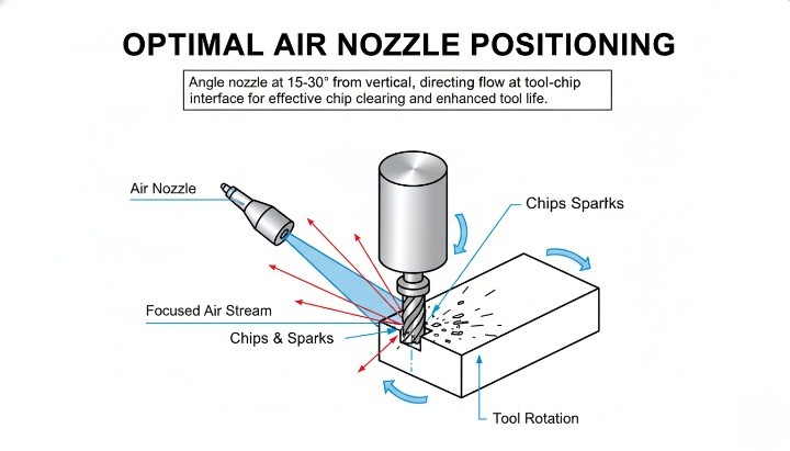 air blast nozzle placement for dry hard milling chip evacuation