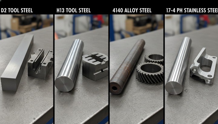 common hardened steels for hard milling vs grinding D2 H13 4140 17-4 PH