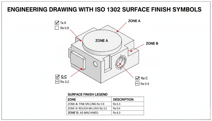 ISO 1302 surface texture symbols with surface finish zones for hardened steel parts