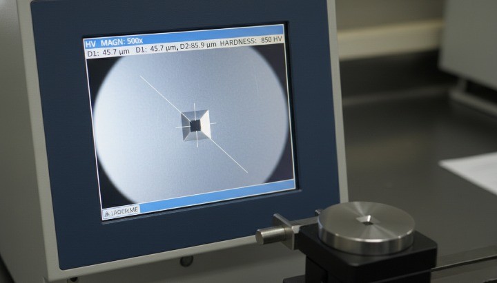 Vickers hardness test HV microhardness measurement on polished metal sample