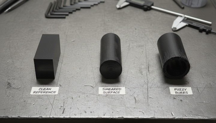TPU machining defects smearing fuzzy burrs and clean edge comparison