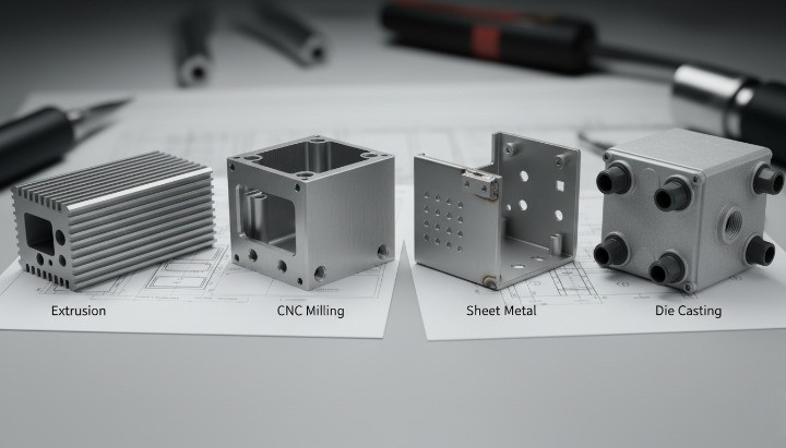Aluminum enclosures process capability comparison showing extrusion, CNC, sheet metal, die casting, and typical features.
