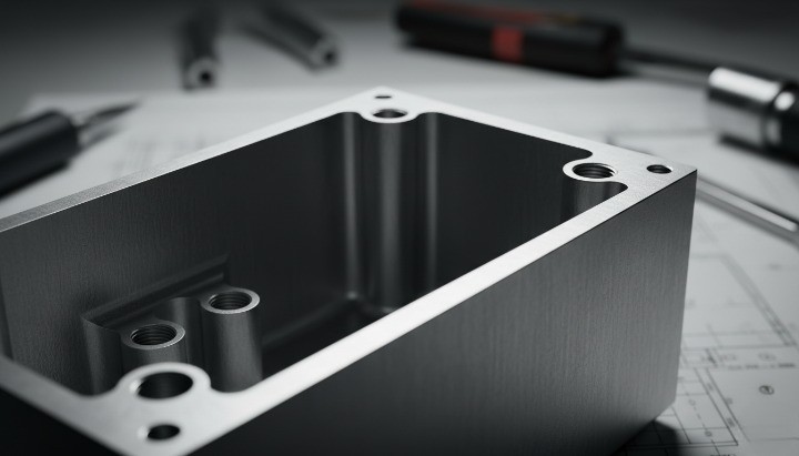 Billet aluminum rugged case with thick-wall cavity, threaded bosses, and internal standoffs.