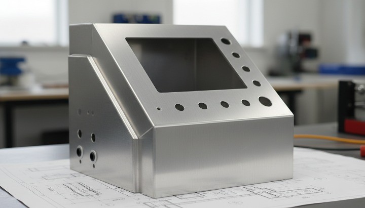 Custom bent aluminum console enclosure with angled panel and display window cutouts for HMI layouts.