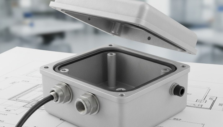 Die cast aluminum box IP65 enclosure with gasketed lid, screw bosses, and cable gland entry.