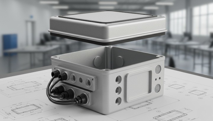 Die cast aluminum junction housing with multi-side cutouts and internal standoffs for outdoor wiring