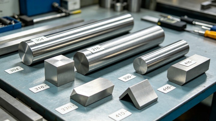 different stainless steel grades labeled 304 316 430 410 in factory inspection area