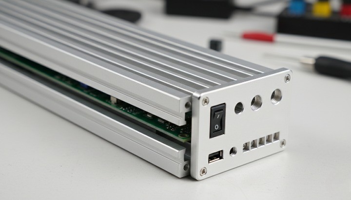 Three extruded aluminum enclosures with end caps and PCB mounting slots.