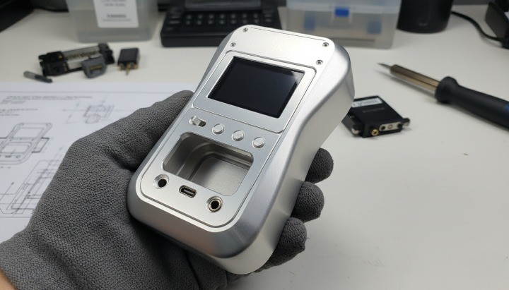 Solid block handheld device case with CNC milled curved body and precise I/O port cutouts.