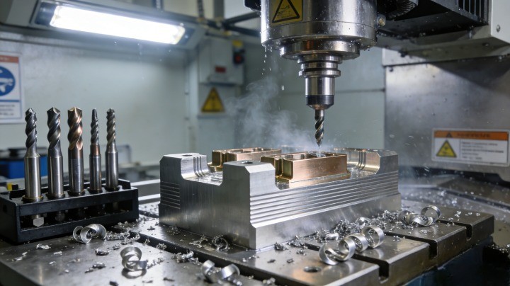 CNC milling 6061 aluminum block with finished machined parts and chips