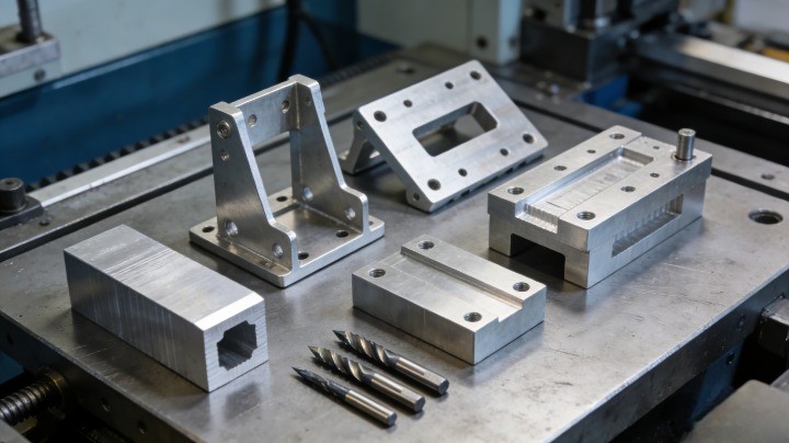 CNC machined 6061 aluminum brackets plates and structural parts on machining table