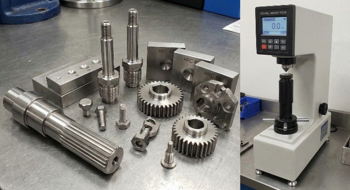 high strength 17-4PH stainless shafts gears bolts and valve stems with hardness testing setup