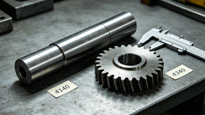 4140 vs 4340 steel machined shaft and gear blank on workbench with caliper