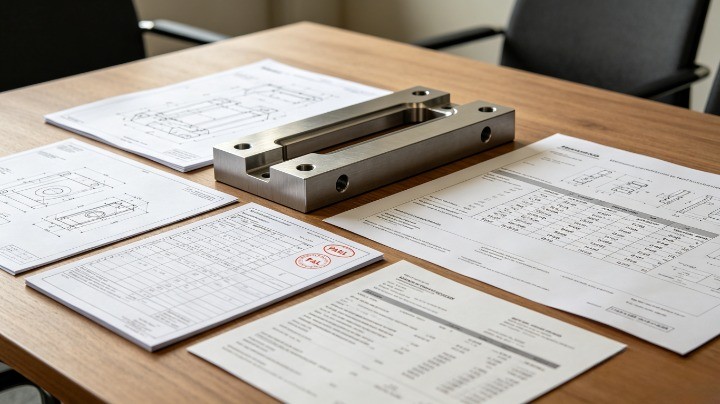 CNC machined samples drawings inspection reports and quotation sheets on table