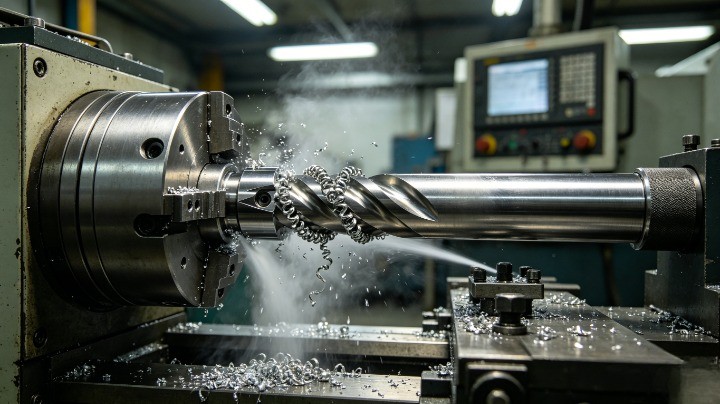 CNC turning alloy steel shaft 4140 4340 machining process with insert and chips