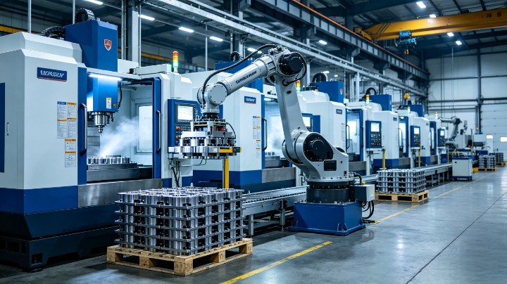 automated CNC production line with robotic loading pallet changer and multiple machines