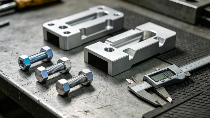 titanium and aluminum CNC machined parts comparison on workbench with caliper