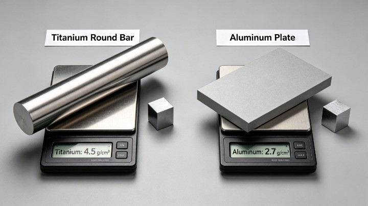 titanium bar and aluminum plate material comparison with weight scale